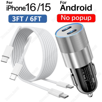 For iPhone 15 16 Pro Android Samsung 40W Fast Car Charger Dual USB C Nylon Cable