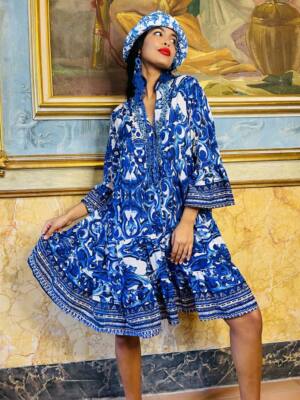 ANTICA SARTORIA  BLUE AND WHITE 4 BUTTON DRESS/MUMU S/M NWT