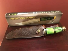 CHIPAWAY CUTLERY 7" GREEN HANDLED HUNTING KNIFE 13” LEATHER SHEATH GW-3112 GB
