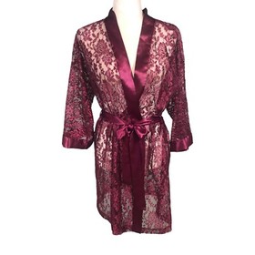Intimate Affair Robe Womens Size M Ruby Lace Kimono Tie Robe Satin Trim Sexy