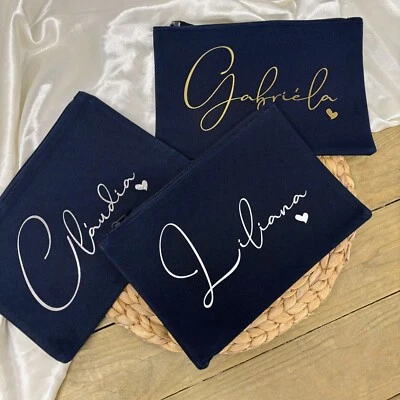 ALL TIED UP NAVY BLUE PERSONALISED MAKE UP BAG | Wash Bag Women Birthday Gift | Name Heart