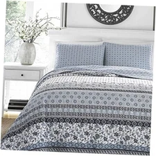  - Quilt Set, Reversible Cotton Bedding with Matching King Bexley Dark Blue
