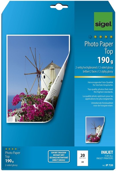 Sigel® IP720 Inkjet Fotopapier Top - A4, 2-Seitig HochgläNzend, 190 G/Qm, 20 Bla-image