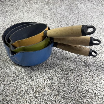 Vintage French Enamel Cast Iron Saucepan Set Wood Handles Blue Green Yellow