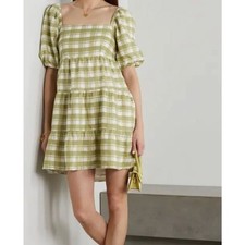 FAITHFULL THE BRAND Leilani Checkered Linen Mini Dress Green Sz 6