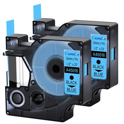 2x Black on Blue Label Tape Standard For DYMO D1 A45016 LabelManager 120P 12mm