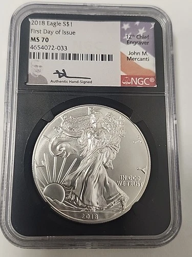 2018 $1 AMERICAN SILVER EAGLE DOLLAR NGC MS70 FIRST DAY OF ISSUEJOHN M. MERCANTI