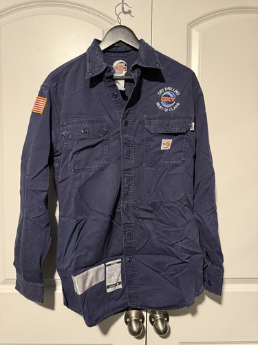 Carhartt FR Work Shirt Navy Blue Cotton Driller Oil & Gas Size M