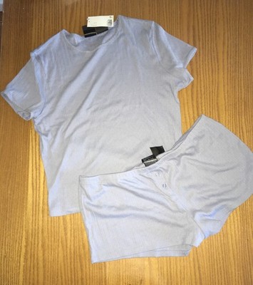 NWT H&M Light Dusty Blue 100% Cotton Pointelle Pajama Shorts Set  Large L