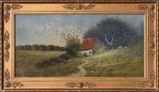 c.1910 Landscape Print - Country Cottage - Ornate Rose Gold Frame - 33.5" wide