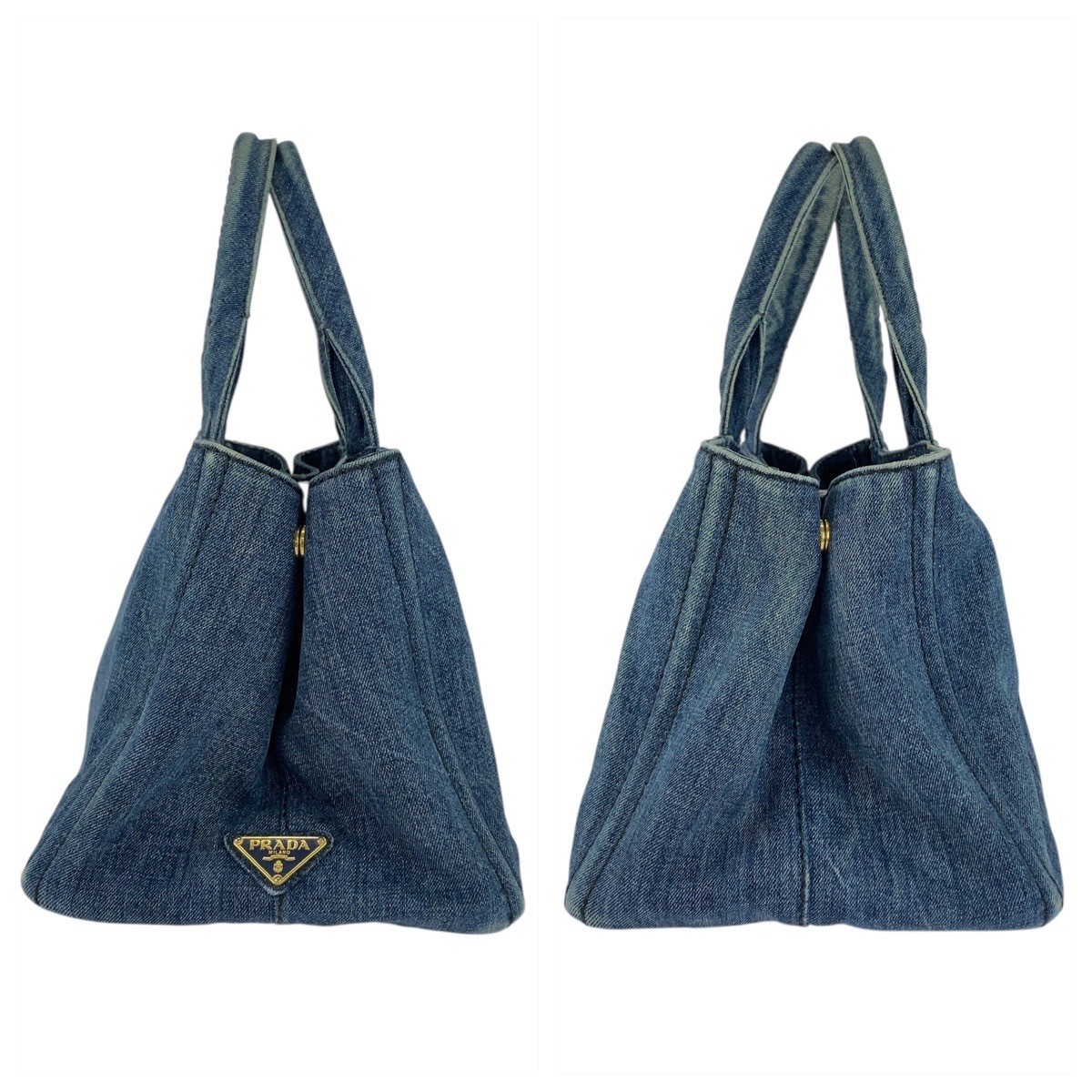 PRADA CANAPA Triangle Logo Plate Blue Gold Hardware Canvas Tote Bag Handbag Ladi thumbnail 7
