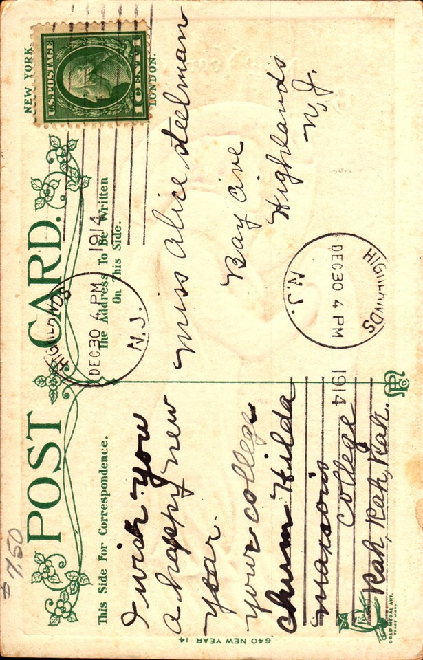 Postcard Best New Years Greetings Lovely Lady embossed 1914 Postmark NJ ...