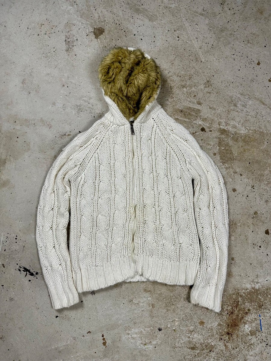 Vintage Y2K Faux Fur Cable Knit Full Zip Hooded Sweater avant 