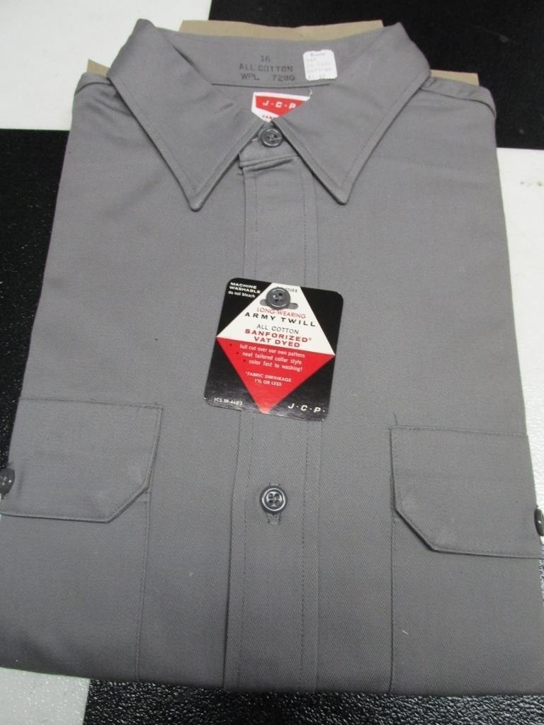jcpenney long sleeve dress shirts W3439 JCPenney Gray Army Twill Button Up Long Sleeve Sanforized Shirt Men 16