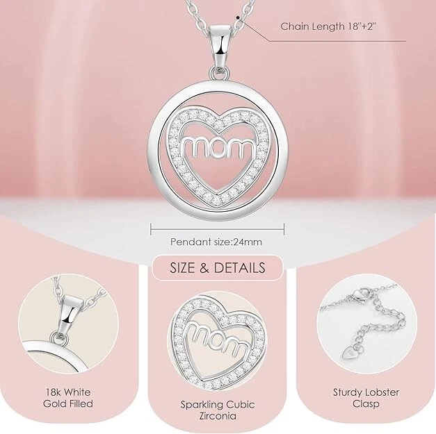 Collar de plata esterlina 925 círculo corazón mamá oro blanco de 18 quilates relleno nuevo en caja Foto 3 de 3