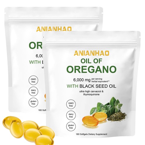 Aceite de cápsulas blandas de orégano, 2 en 1 6000 mg aceite de orégano con aceite de semilla negra 200 mg