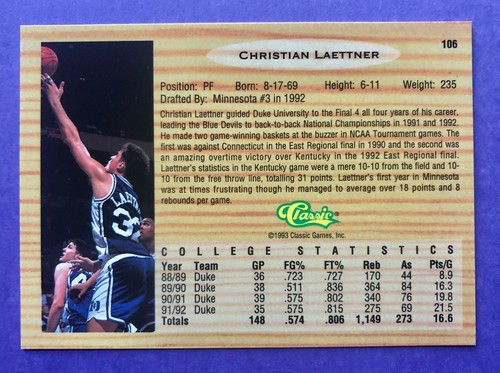 Christian Laettner 1993 clásico '92 Flashbacks' #106 baloncesto Duke Blue Devils - Imagen 2 de 6