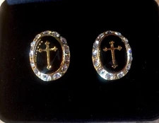 Men's Designer 14KT Gold Ep Black Onyx Enamel Cross & Rhinestone Cuff Links