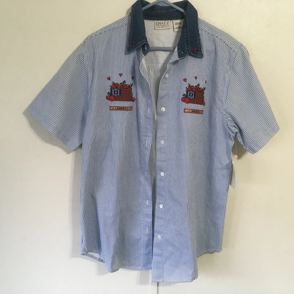 Blusa manga corta mujer azul a rayas bordada américa delantera abotonada a Foto 2 de 4