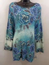 Westbound Sweater Women's 1X Blue White Floral Boat Neck Long Sleeve Fuzzy New