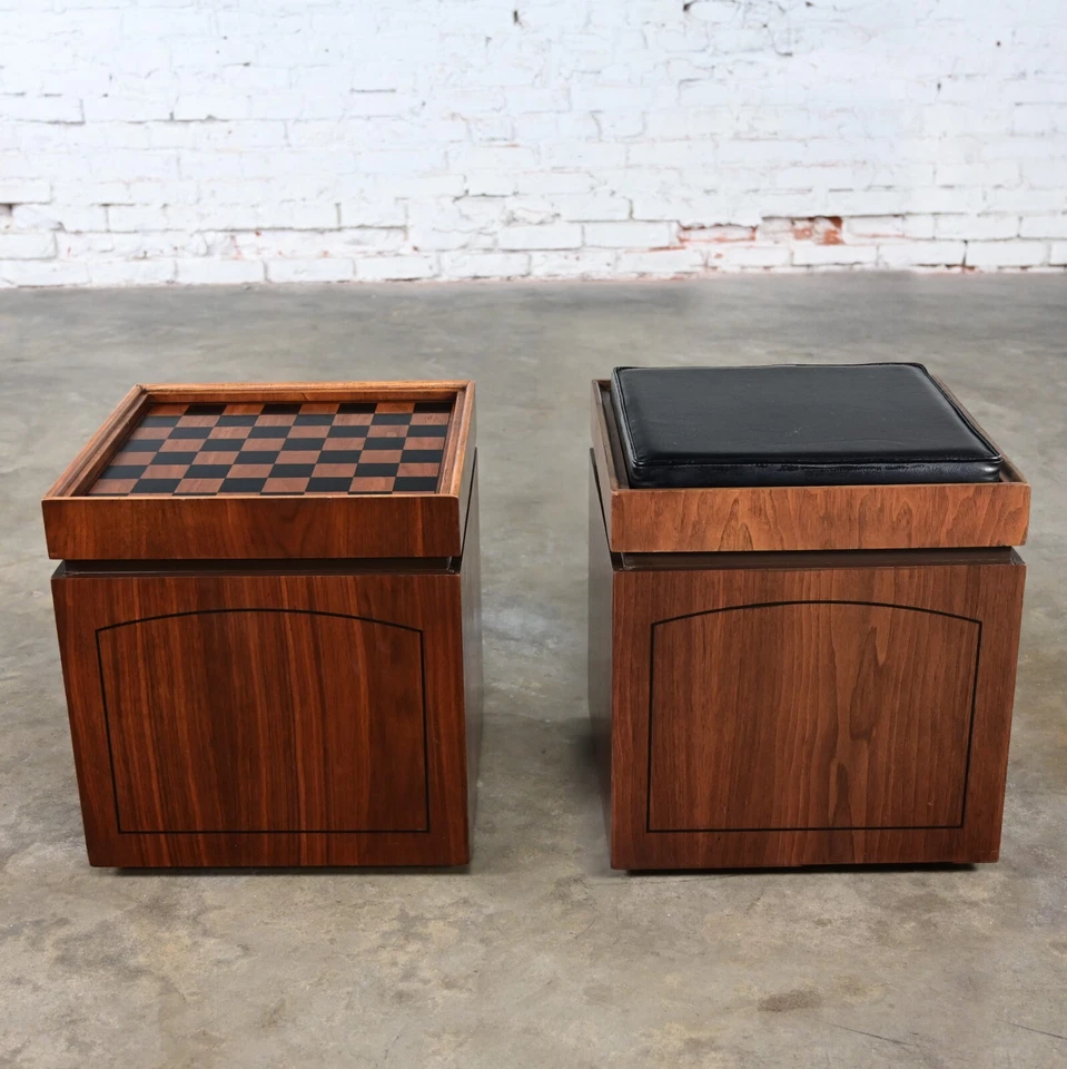 Pr Lane Rolling Cube Storage Ottoman End Tables Game Board Black Vinyl Flip Top - Image 3 of 4