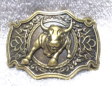 Gold Bull On Engraved Western Art Deco Belt Buckle Background Great Condition
