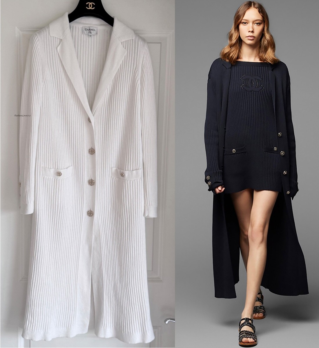 シャネル ロゴボタン付き イエローニット 20P CHANEL WHITE RIBBED KNIT GOLD CC BUTTONS LONG CARDIGAN