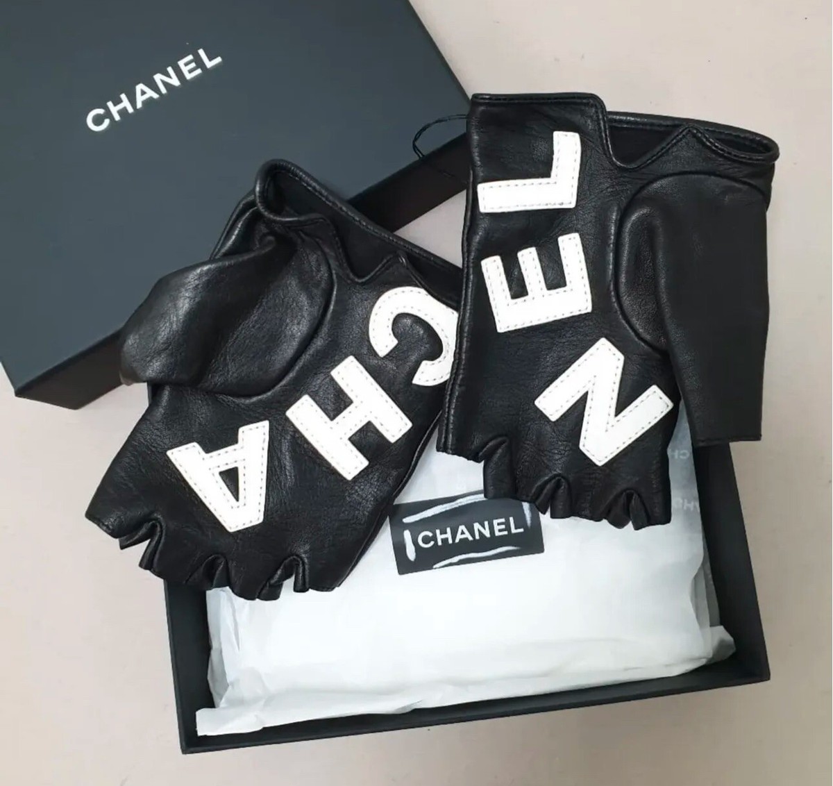 NEW CHANEL Logo Fingerless Gloves Mittens | eBay
