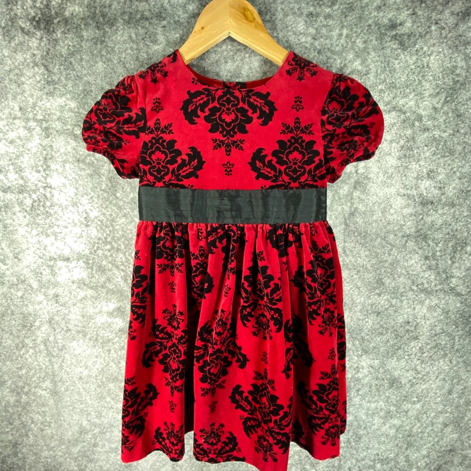 Hartstrings Dress Girls 6 Red Black Velvet Palampore Floral Ribbon Cotton Party - Image 2 of 4