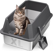 Stainless Steel Litter Box XL High Sides Open Top Non-Stick Cat Litter Box Gray