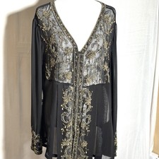 Scala NWT 100 Silk Beaded Jacket Sheer Evening Formal Black Gold Women Wedding
