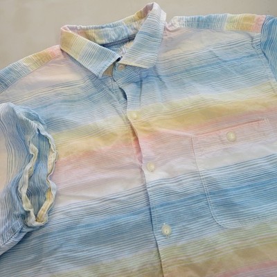 Tommy Bahama Mens Large Linen Tencel Short Sleeve Ombre Stripe Button Down Shirt