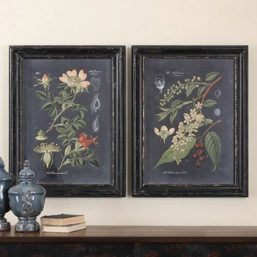 UTTERMOST 56053 MIDNIGHT BOTANICALS AGED WOOD BLACK FRAMED ART PRINTS SET OF 2 - Picture 2 of 4