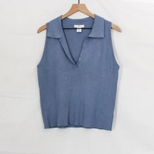 H Halston Ribbed Sleeveless Jonny Collar Polo Top - XL, Blue