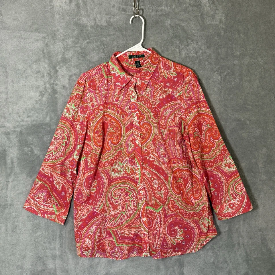 Lauren Ralph Lauren Top Plus 1X Paisley Pink 3/4 Sleeves Collar Lightweight - Image 2 of 4