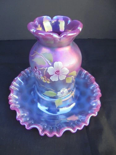 Fenton Hand Painted PLUM Opalescent One-Piece Fairy Light Lamp Excellent