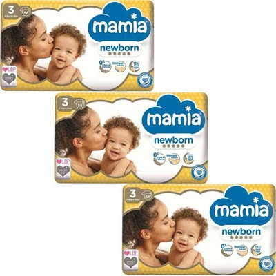 3 x Mamia Newborn Dry Fast Nappies 168pcs, Size 3 Midi 4-9kg/9-20lbs Extra Soft
