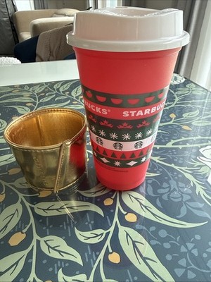 Starbucks Red Holiday 16oz BFA Free Togo Cup With Gold Sleeve And Lid