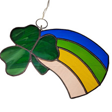 Stained Glass Shamrock Rainbow Hanging Suncatcher Decor 7 in Handmade Irish