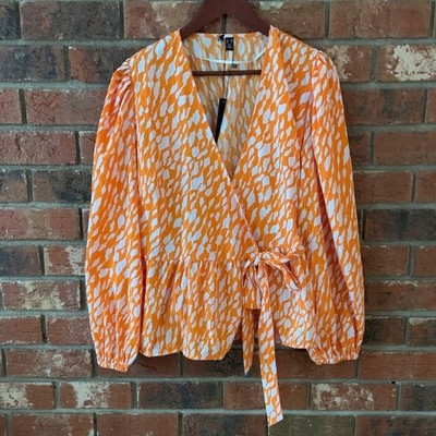 Vero Moda Vibrant Orange White Patterned Long Sleeve Wrap Blouse
