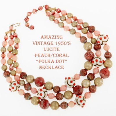 50's CASTLECLIFF Polka DOT Necklace Coral, Gold, Ivory Beads Venetian Glass Look