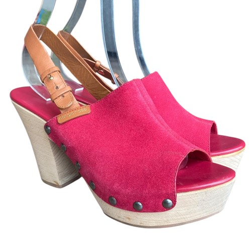 NEW SERGIO ROSSI Pink Suede & Brown Leather Strap Wooden Clog Mules, Size 41 - Picture 1 of 12