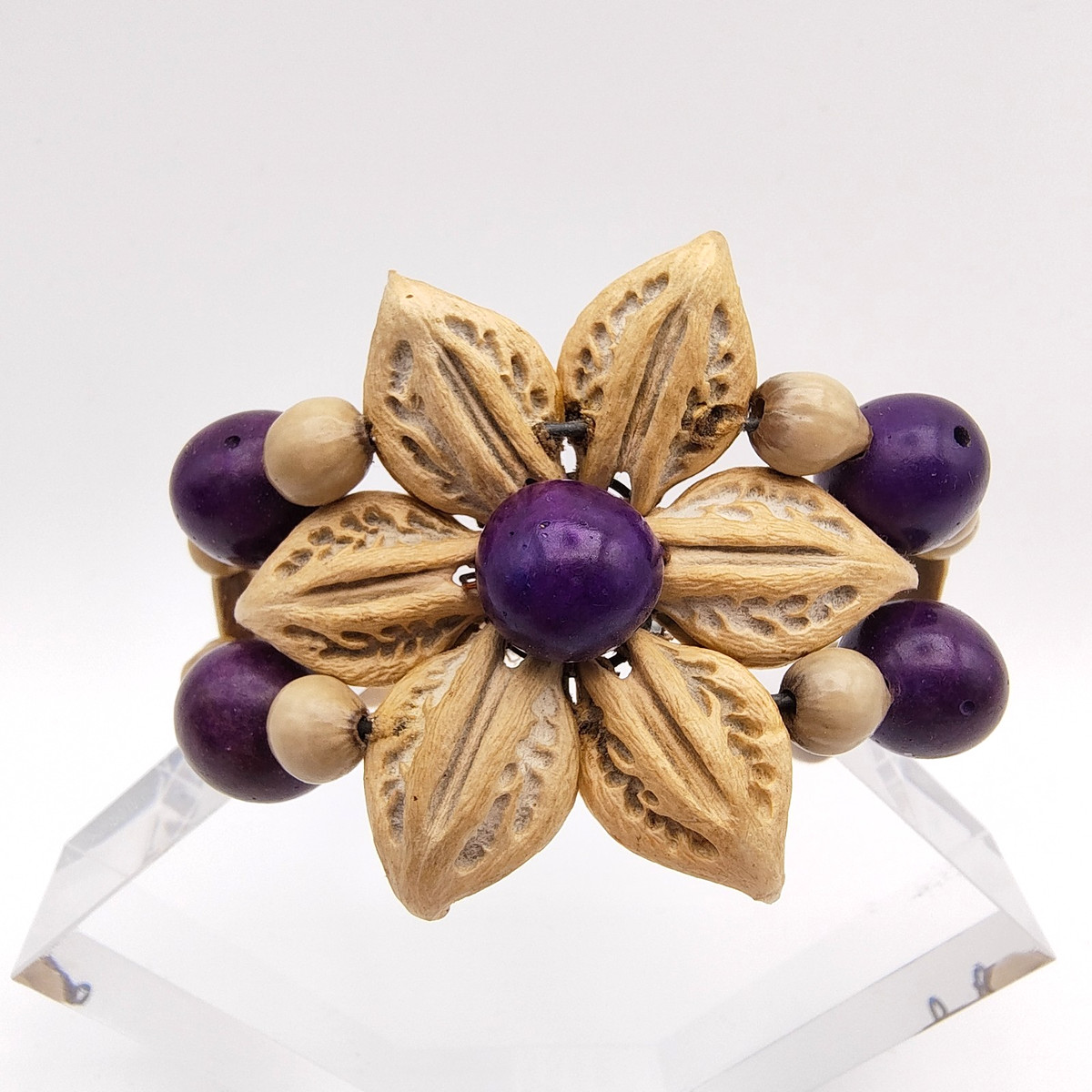 Hawaiian Style Flower Cuff Bracelet Natural Seed Pods Kukui Nut Purple Wood Bead