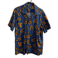 John Varvatos Danny Floral Short Sleeve Button-Up Camp Shirt Large Blue Loop