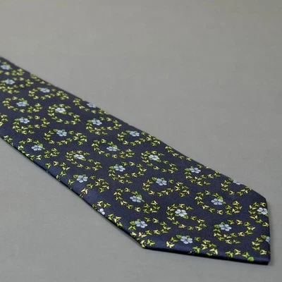 SALVATORE FERRAGAMO cravate 100% soie motif floral paisley bleu marine papillons - Photo 1/4