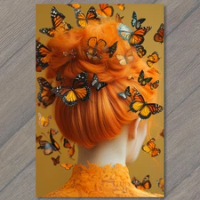 Art Print Girl Red Hair Surreal Butterfly Swarm Back Turned Soft Fantasy
