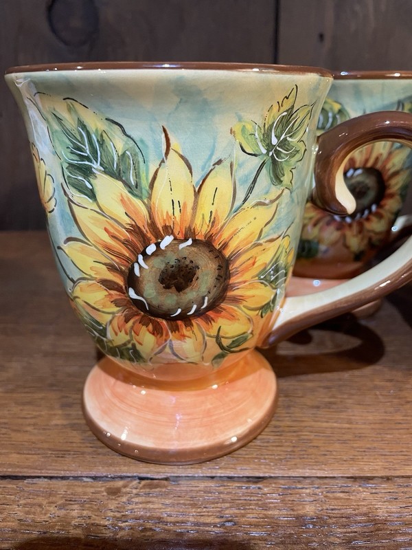 Set Of 4 Maxcera Terra Cotta Sunflower Mugs. Handpainted.