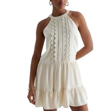 Express Cream Scallood Front Halter Style Tiered Short Sleeveless Dress NWT sz S