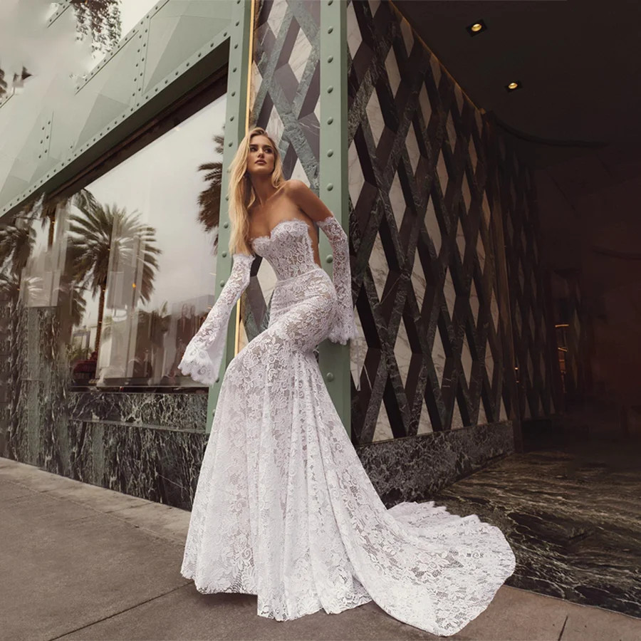 FLAIR Custom Sweetheart 3/4 Flare Sleeves Mermaid Lace Weddding Dresses Backless See