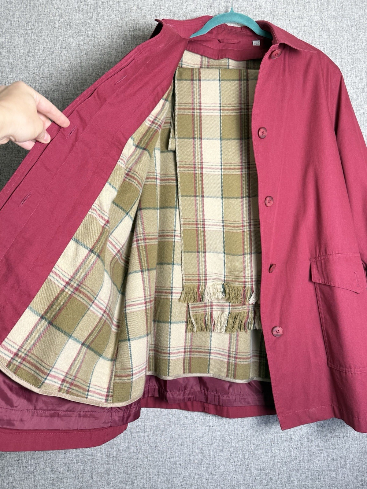 London Fog Towne Pink Red Utility Trench Coat Plaid Flannel Zip Lining 12 P LG